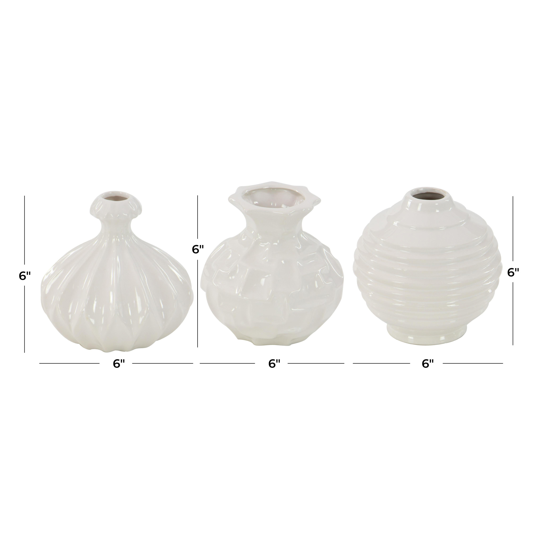 DecMode 6"W, 6"H White Ceramic Vase with Varying Patterns, Set of 3