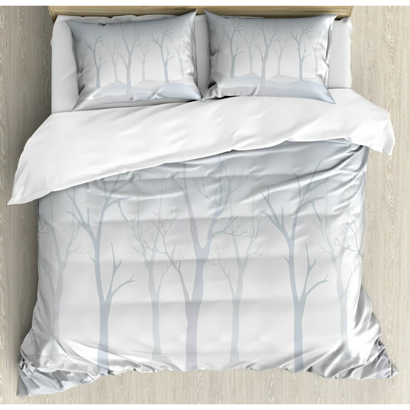 Forest Duvet Cover Set, Foggy Illustration of a Woodland Cloudy Misty Weather, Decorative 3 Piece Bedding Set with 2 Pillow Shams, Calking Size, Purpleblue, by Ambesonne