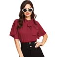 thumbnail image 2 of Women's Casual Side Bow Tie Neck Short Sleeve Blouse Shirt Top Burgundy M Burgundy M Xishao ropa, 2 of 2