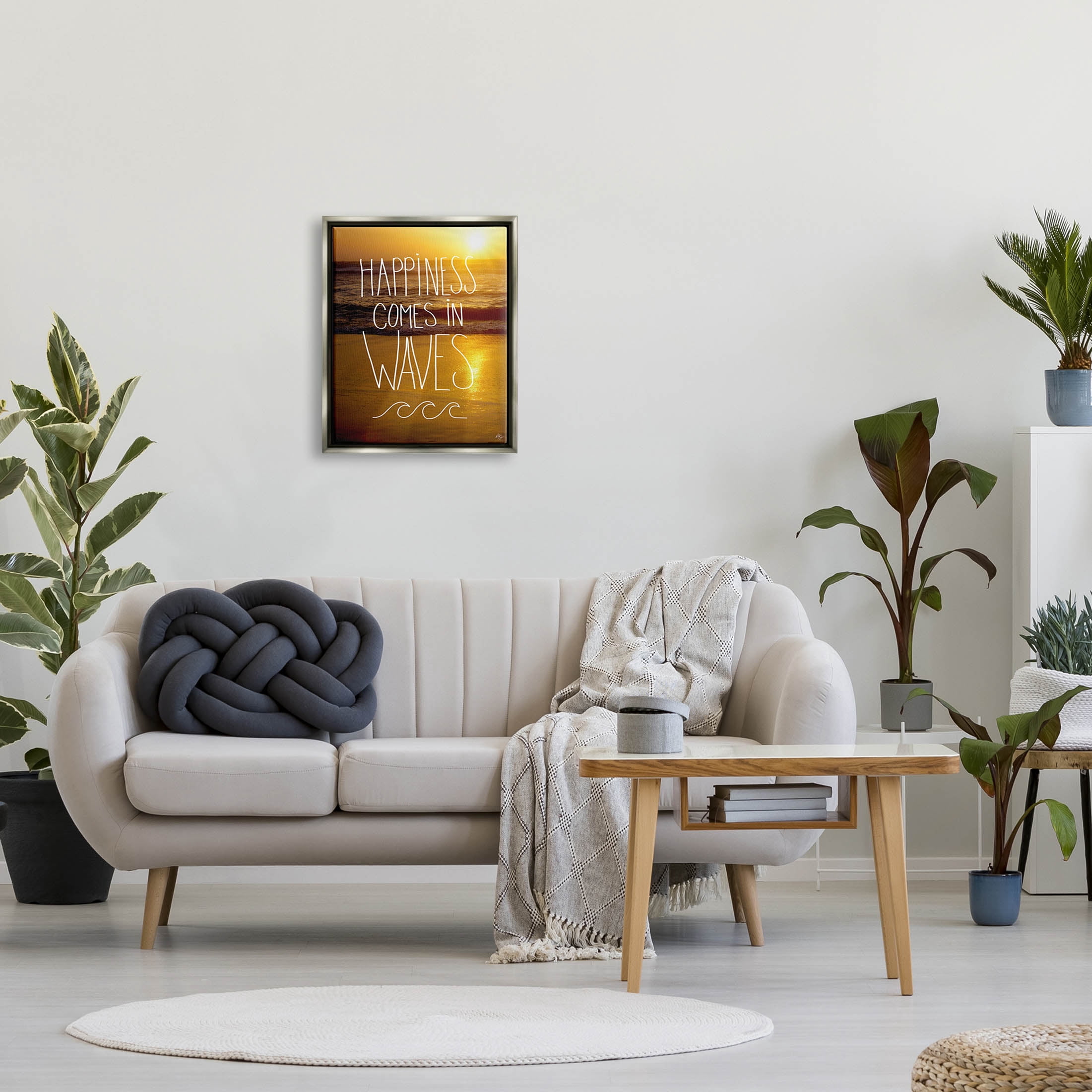 Stupell Industries Happiness Comes In Waves Phrase Graphic Art Luster Gray Floating Framed Canvas Print Wall Art, Design by K. Kaufman