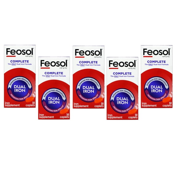 5 Pack Feosol Complete Bifera HIP & PIC Iron Supplement 30 Caplets Each