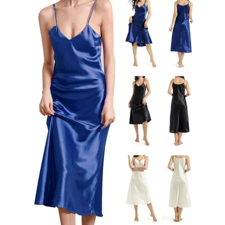 Spencer Women Sexy Silk Lingerie Satin Nightgown V Neck Sleepwear Sleep Dress with Adjustable Straps  Sleeveless Pajama Long Dress (Champagne S)