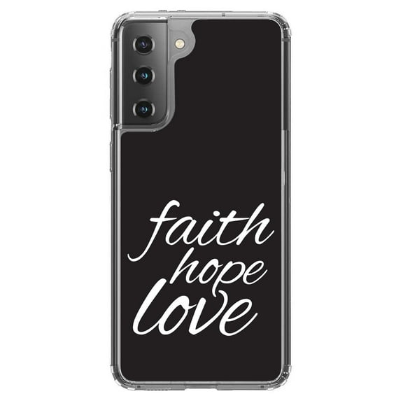 DistinctInk Clear Shockproof Hybrid Case for Galaxy S21 5G (6.2" Screen) - TPU Bumper, Acrylic Back, Tempered Glass Screen Protector - Faith / Hope / Love - Black & White - Love of Christ