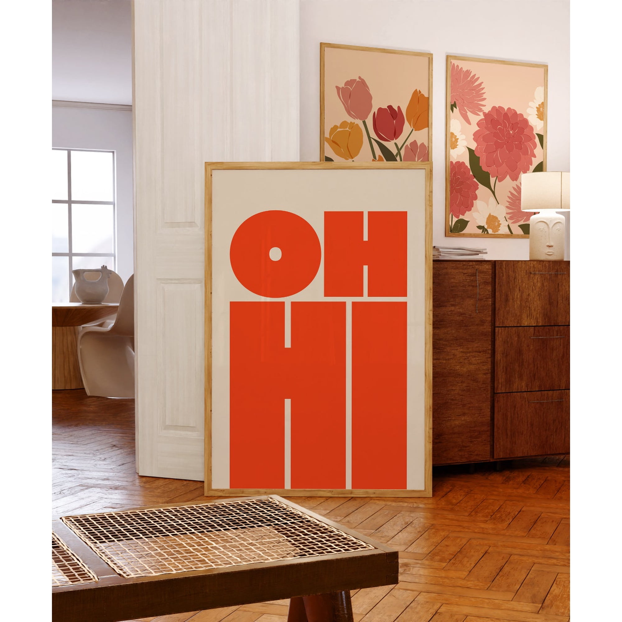 Oh Hi Wall Art Modern Red Orange Typography Vintage Style Decor Room Interior