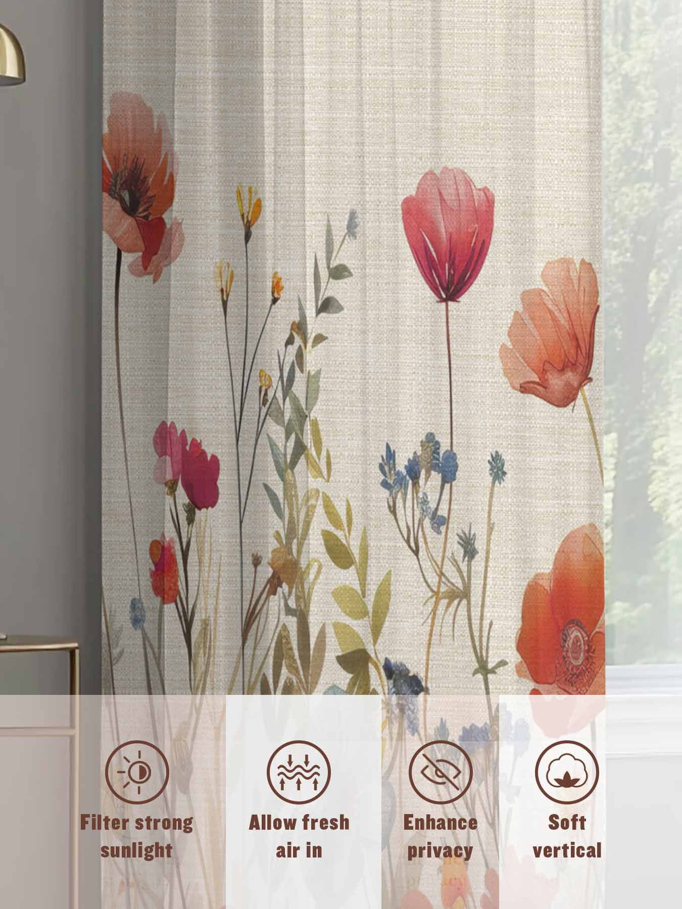 Red Flowers Sheer Curtains 96 Inches Long 2 Panels Plants Watercolor Floral Retro Linen Light Filtering Semi Sheer Window Curtains Drapes for Bedroom Living Room 52"x96"x2
