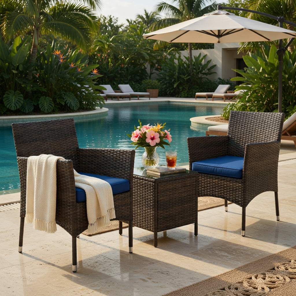 Hommoo 3-Piece Outdoor Patio Conversation Set, Cushioned Wicker Chairs + Square Tempered Glass Coffee Table, PE Rattan & Steel Frame, Navy