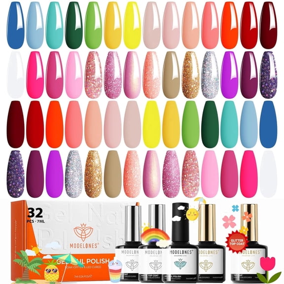 Modelones 32 PCS Gel Nail Polish Set, 28 Colors 2026 Summer LGBT Bright Neon Yellow Pink Blue White Gel Polish with No Wipe Base Coat, Glitter & Glossy & Matte Top Coat LED Nail Art Kit Salon DIY Gif
