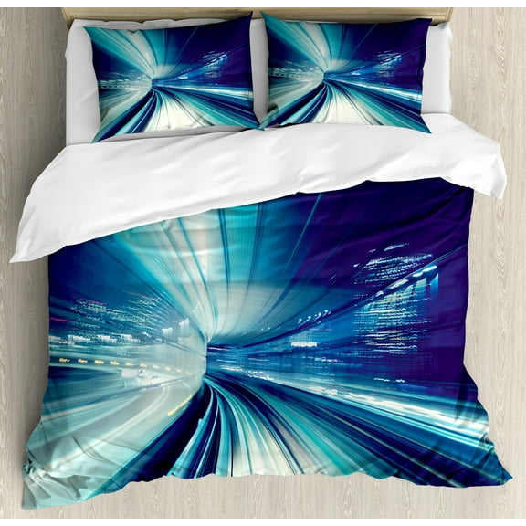Abstract Duvet Cover Set, Train Yurikamome Tokyo Modern Landscape at Night Work of Art, Decorative 3 Piece Bedding Set with 2 Pillow Shams, Queen Size, Blue White and Dark Blue, by Ambesonne