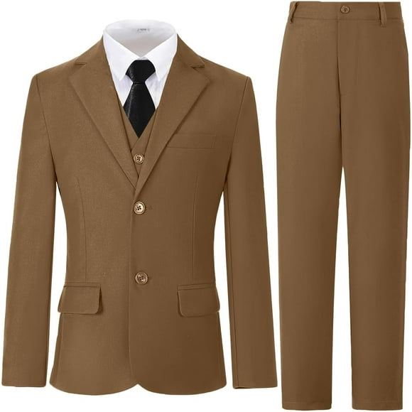 Ensemble de Complet Formel pour Garçons 5 Pcs, Doubles Fentes, Taille Ajustable, Veste, Gilet, Pantalon, Chemise, Cravate Brun 8