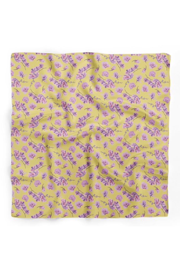Yellow Orchid Floral Printed Pure Silk Scarf For Hair Neck Head Bandanas For Women 40 x 40 Inches
