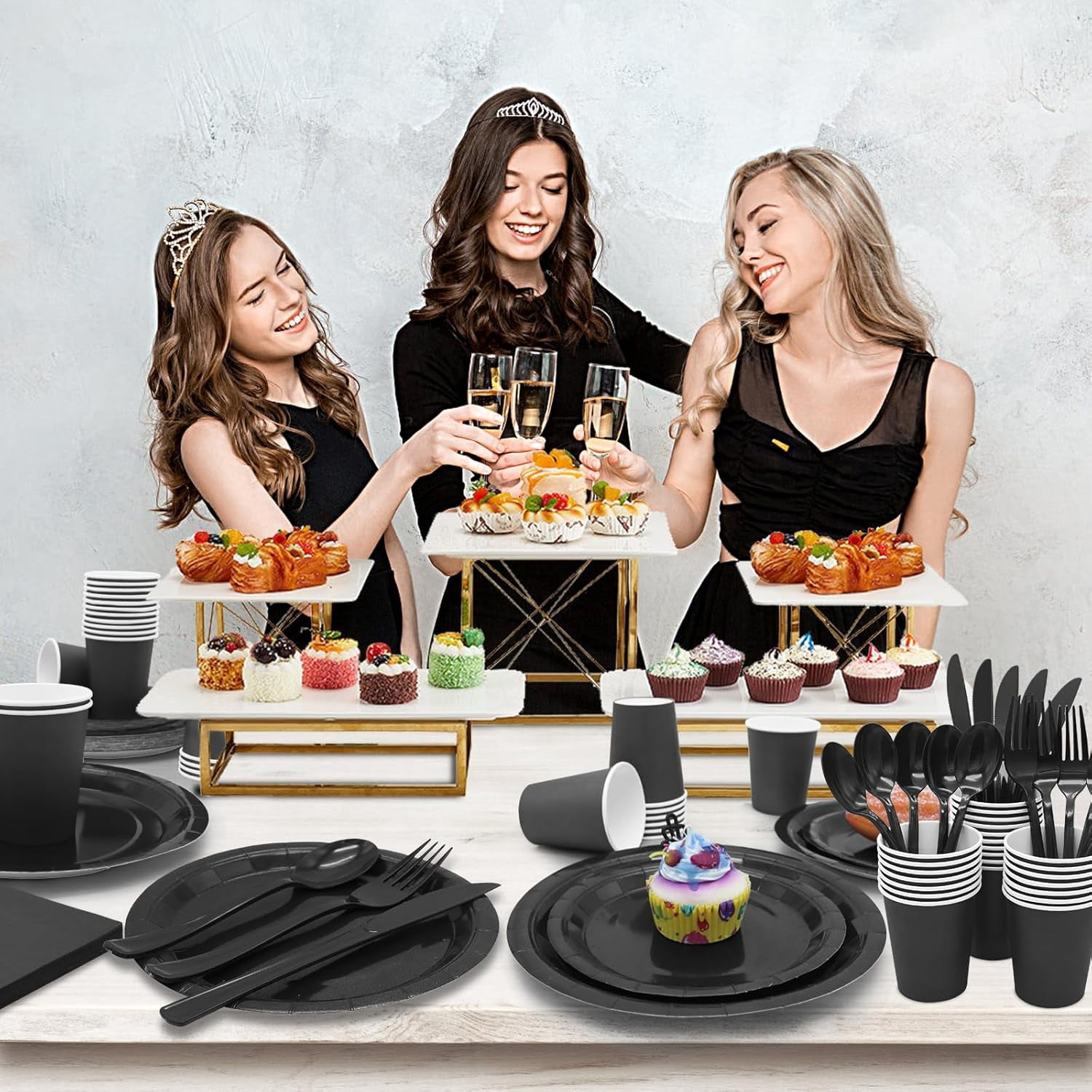 168pcs Black Paper Plates and Napkins for Halloween Birthday Anniversary Decorations, Black Plates Disposable Dinnerware Sets for Party Supplies and Party Decorations Serves 24