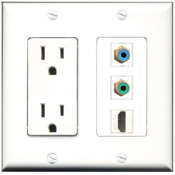 RiteAV - 15 Amp Power Outlet 1 Port HDMI 1 Port RCA Green 1 Port RCA Blue Decorative Wall Plate