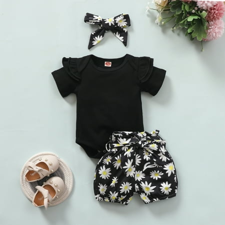 

COUTEXYI Kids Round Collar Short Sleeve Romper+ Shorts+ Waistband+ Headband