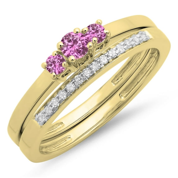 Dazzlingrock Collection 14K Pink Sapphire & White Diamond Bridal Engagement 3 Stone Ring Band Set, Yellow Gold, Size 5