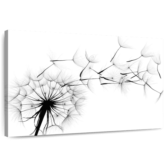 Elephant Stock Flying Dandelion Wall Art - Horizontal Canvas Wall Art - Living Room Wall Decor - Floral And Botanical Canvas - White And Black Decor - 12" x 8"