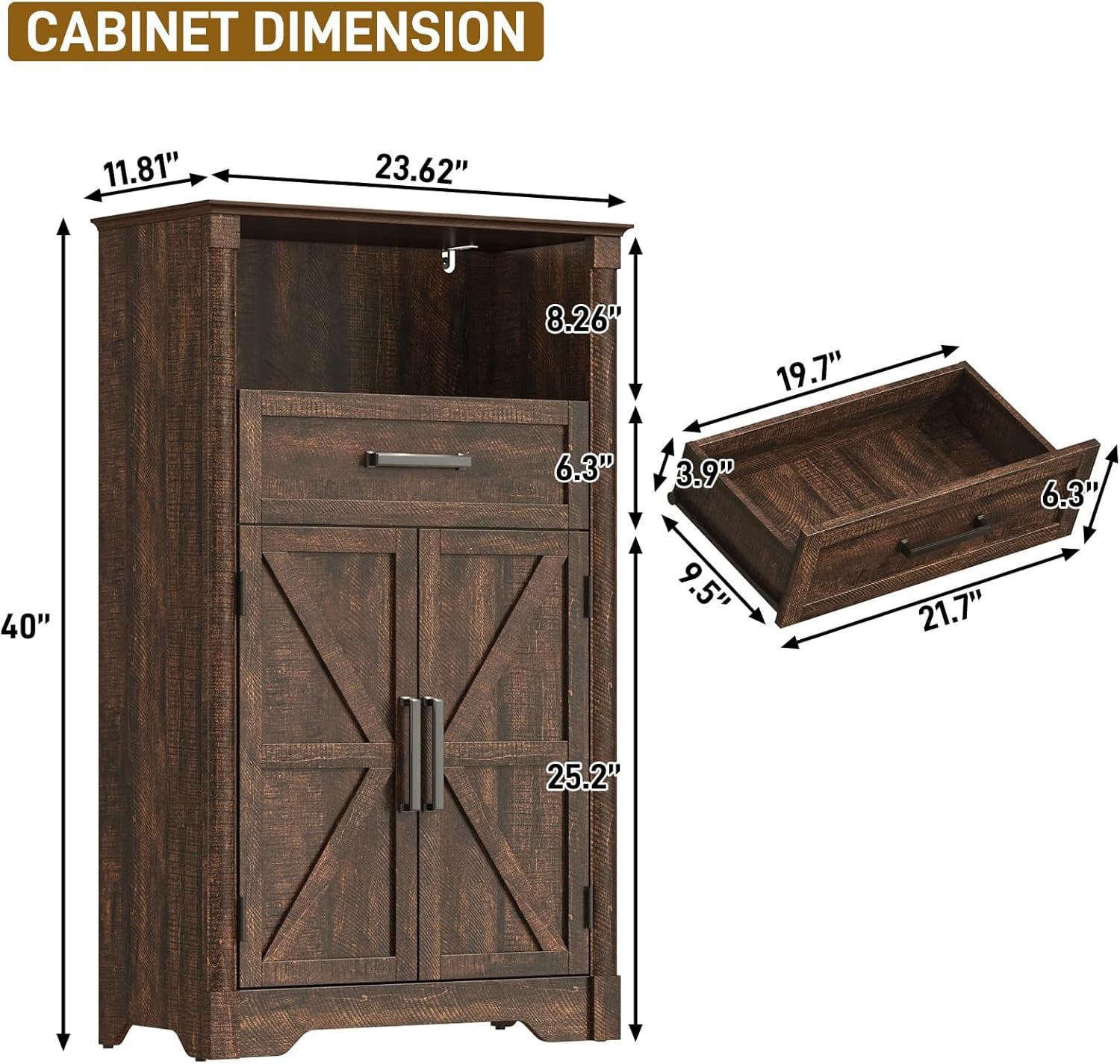 Farmhouse Floor Storage Cabinet with Drawers & 2 Barn Doors, Wood Bathroom Storage Cabinet with Roman Column Decor, Farmhouse Storage Cabinets with Adjustable Shelf & Door Cabinets, Rustic Brown