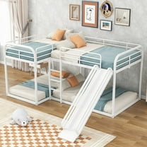 White L-Shaped Bunk Bed - Full/Twin, 4 Beds, Sturdy with Slide & Short Ladder