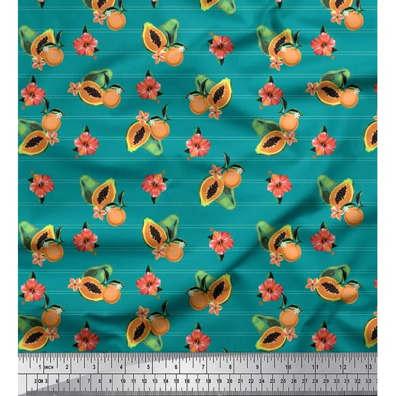 Soimoi Green polyester Crepe Fabric Stripe, & Papaya Fruits Fabric Prints By Yard 42 Inch Wide