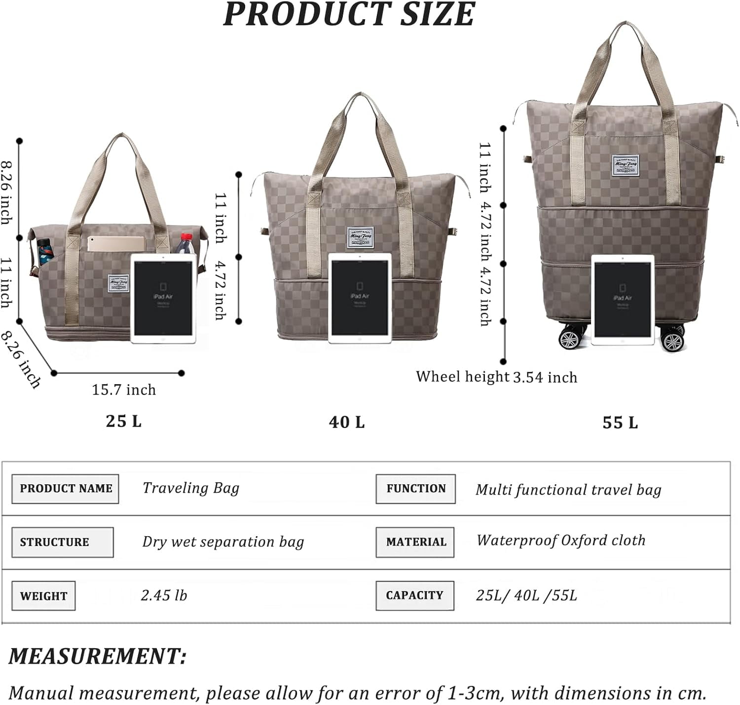 Expandable Foldable Duffel Bag Suitcases,Detachable Rolling Wheels,Rolling Duffle Bag with Wheels,Suitcase with Wheel,Carry on Luggage,Gift for Men Women Lightweight Suitcases (Khaki)
