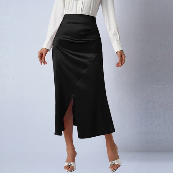 LEKWK Satin Skirts for Women High Waisted Slip Skirt Side Slit Midi Skirt Ruched Detail Satin Fabric Elegant Party Evening Wedding Guest Wear