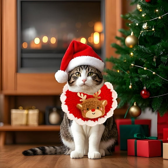 Meggemo Pet Knitted Scarf Christmas Neck Warmer Handmade Collar Warm Decorative Accessory for Pets Home Holiday Season Pet Supplies