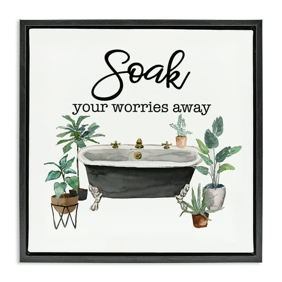 Stupell Industries Soak Worries Away Plants Bath & Laundry Painting Black Floater Framed Canvas Art Print Wall Art, 18 x 18
