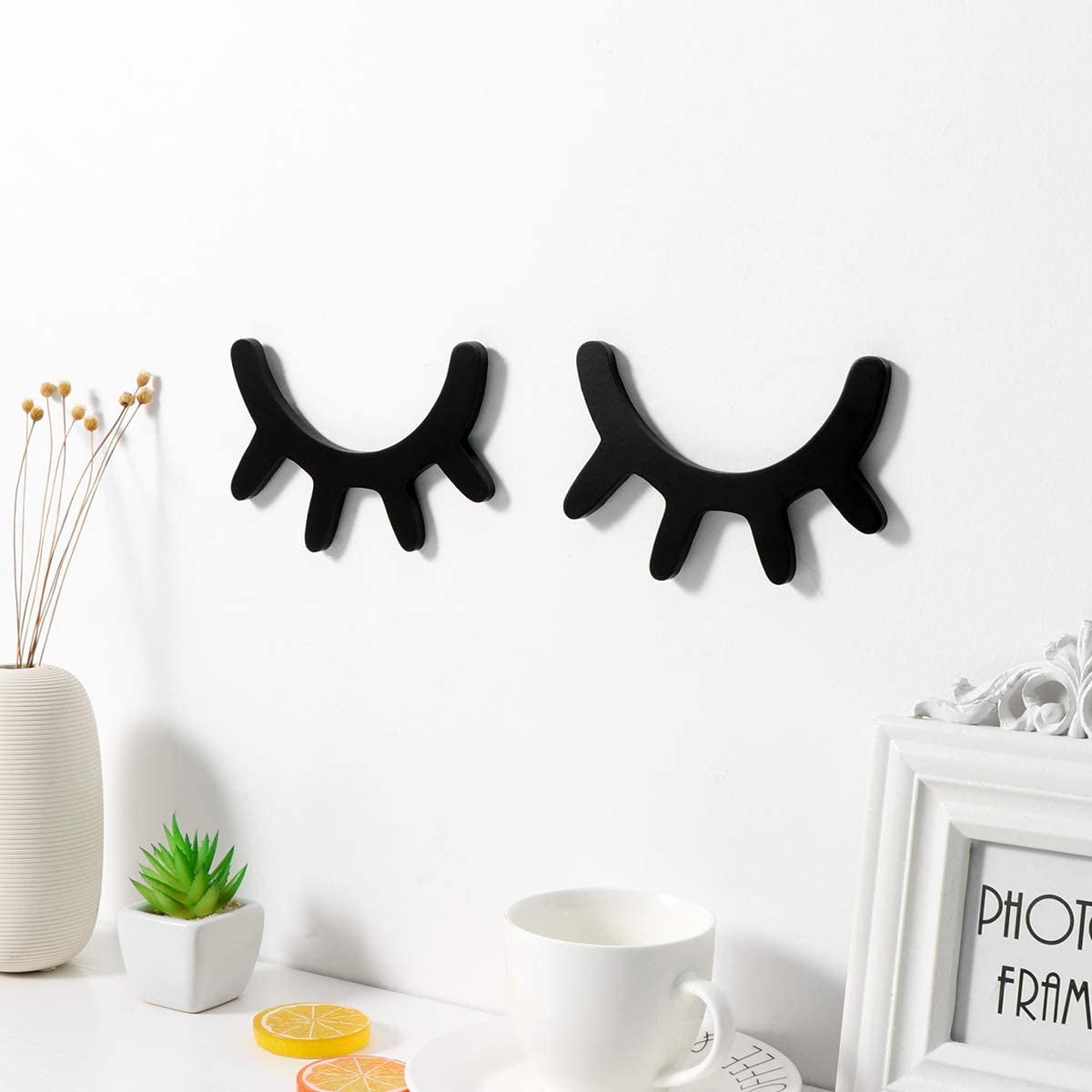 SPRING PARK 2Pcs Sleepy Eyes Wall Decor Wooden Eyelash Bedoom Wall Decoration Sleepy Eyes Wall