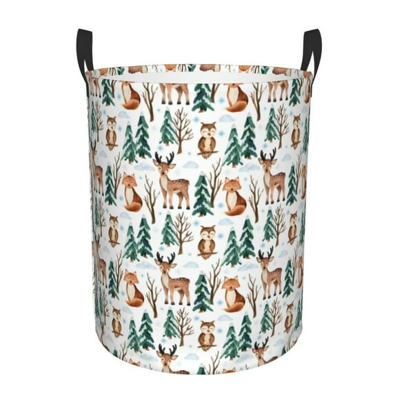 Picia Winter Woodland Friends Pattern Large Laundry Basket, Waterproof, Freestanding Laundry Hamper, Collapsible Tall Clothes Hamper with Extended Handles-Small