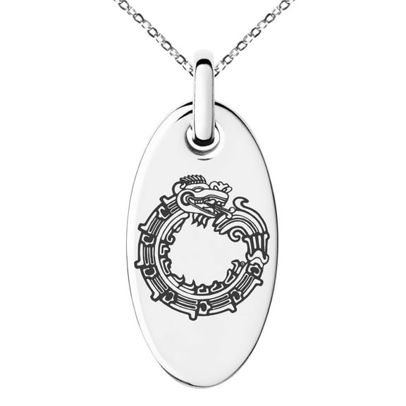 Stainless Steel Aztec Ouroboros Serpent Rune Engraved Small Oval Charm Pendant Necklace