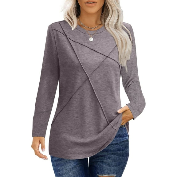 UVN Blouses for Women Pleated Long Sleeve Shirts Casual Crew Neck Tunic Tops