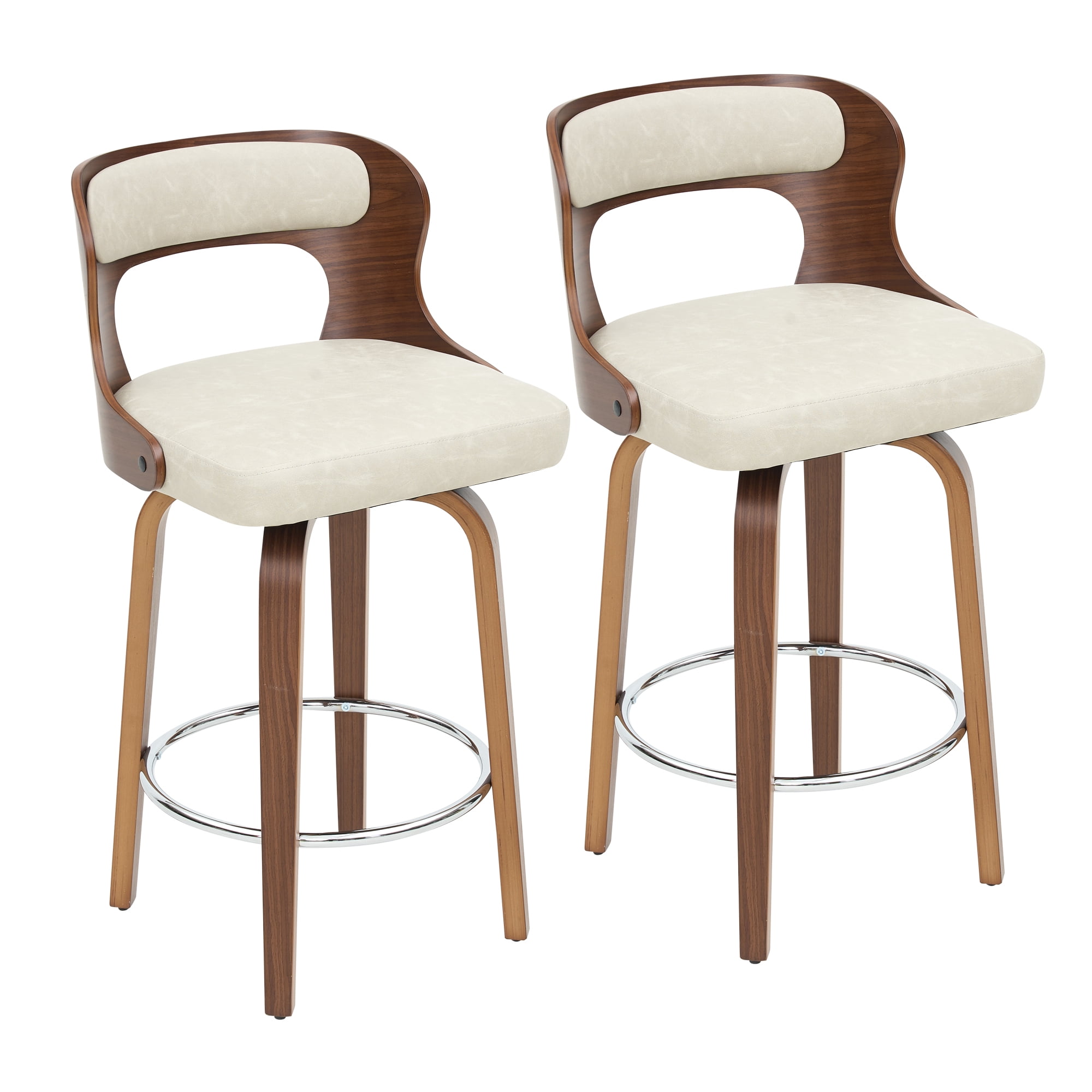 FANCROU 26 inch Swivel Counter Height Bar Stools Set Of 2, PU Leather Seat With Bentwood Back And Legs, Beigegrey