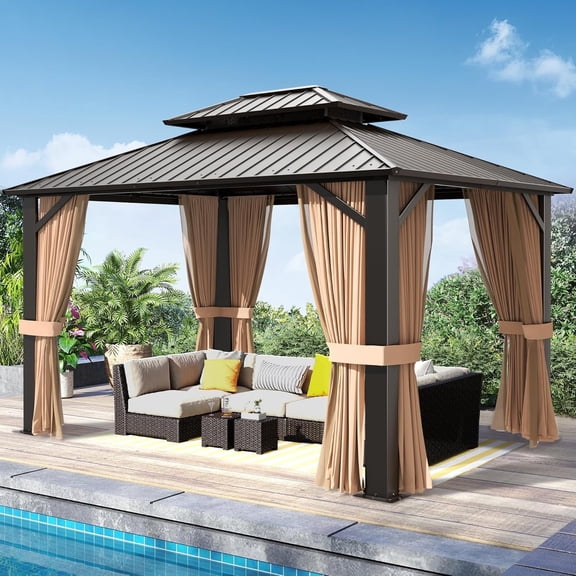 SOLUMIA 10’x12’ Hardtop Gazebo, Brown Galvanized Steel Double Roof, Aluminum Frame Outdoor Pavilion with Netting and Curtains for Patio, Backyard, Deck