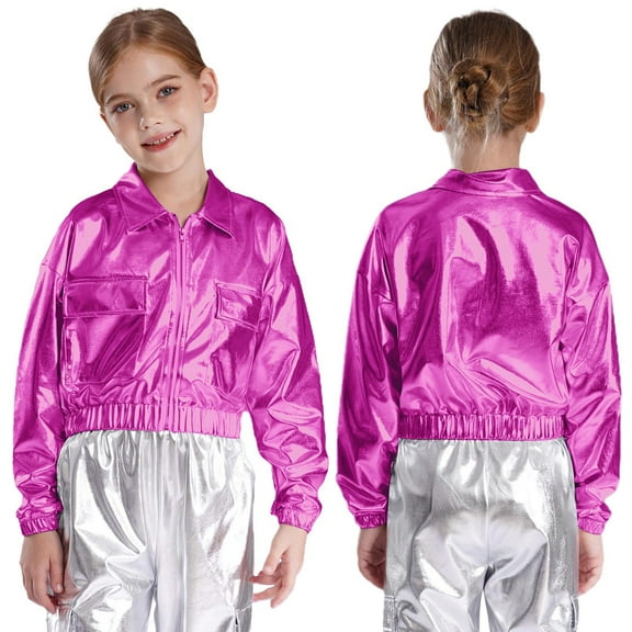 iiniim Girls Kids Sequins Hip Hop Jazz Outerwear Shiny Metallic Bomber Jacket Coat Disco Party Hot Pink 6