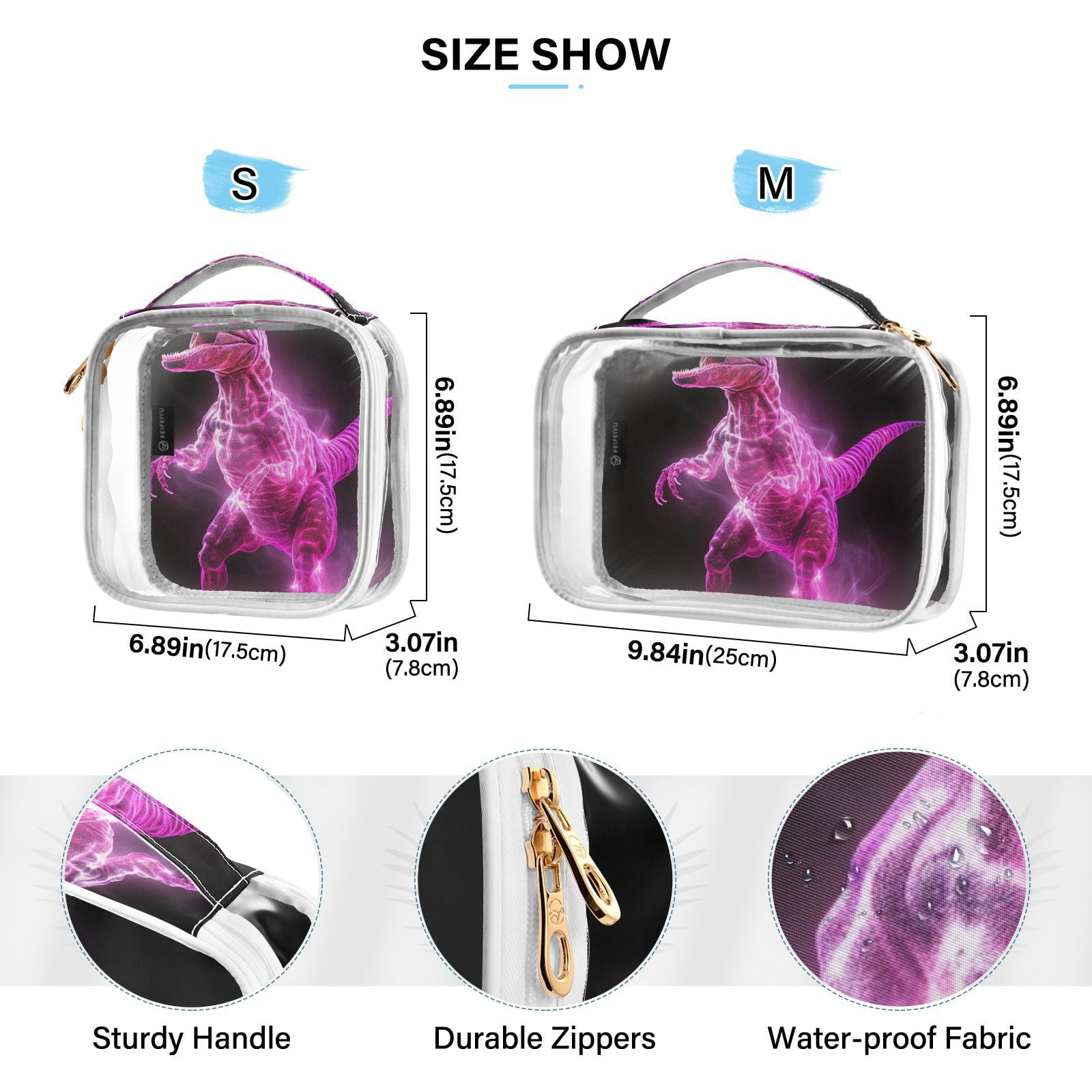 Clear Makeup Bags with Handle Large Opening 2 Pack Set Toiletry Bag Quart Size Bag, for Women Man Traveling Travel Essentials, Toiletries and Other. Glowing Dinosaur