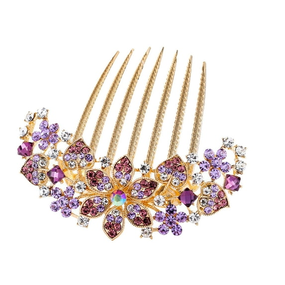 HEVIRGO Korean Style Non-slip 7 Teeth Hair Comb Rhinestone Hollow Out Flower Colorful Hair Ornament Hair Accessories Purple Alloy