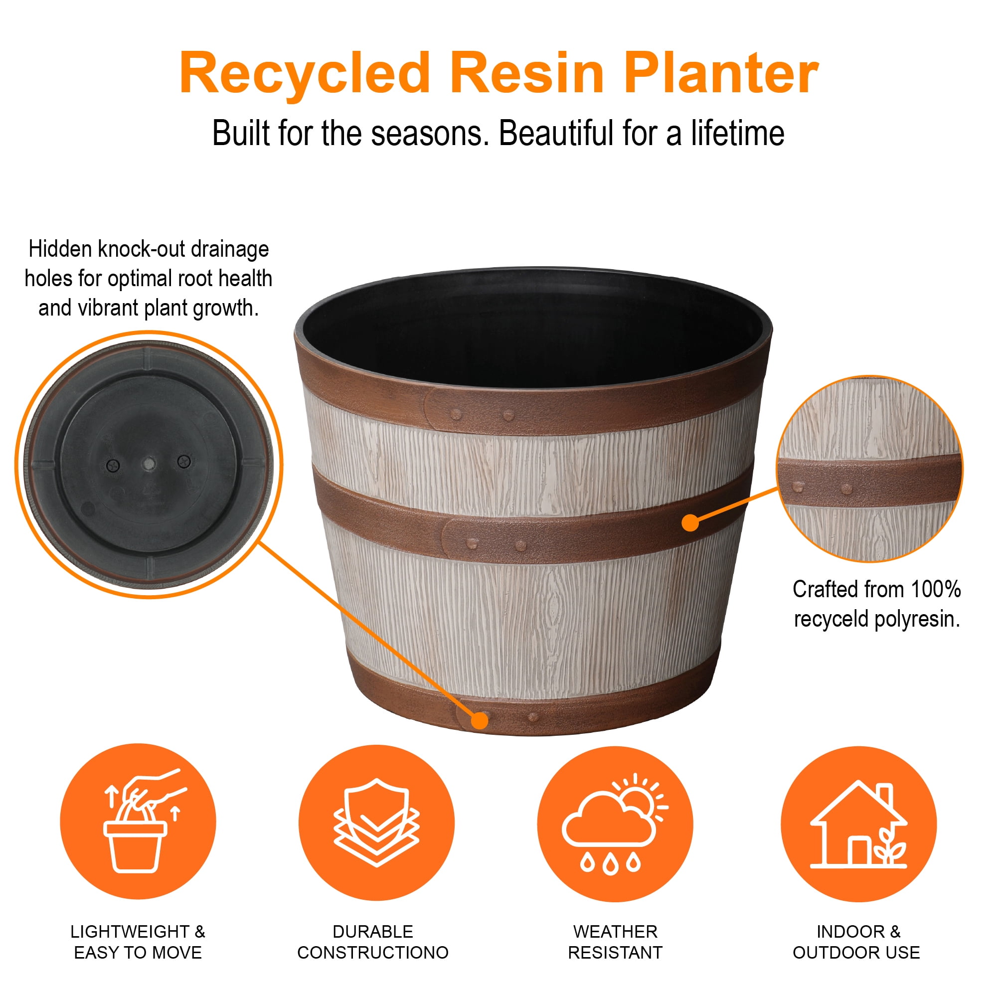 Better Homes & Gardens Whiskey Barrel Round Recycled Resin Planter, Light Brown, 12.9 in x 12.9 in x 10 in