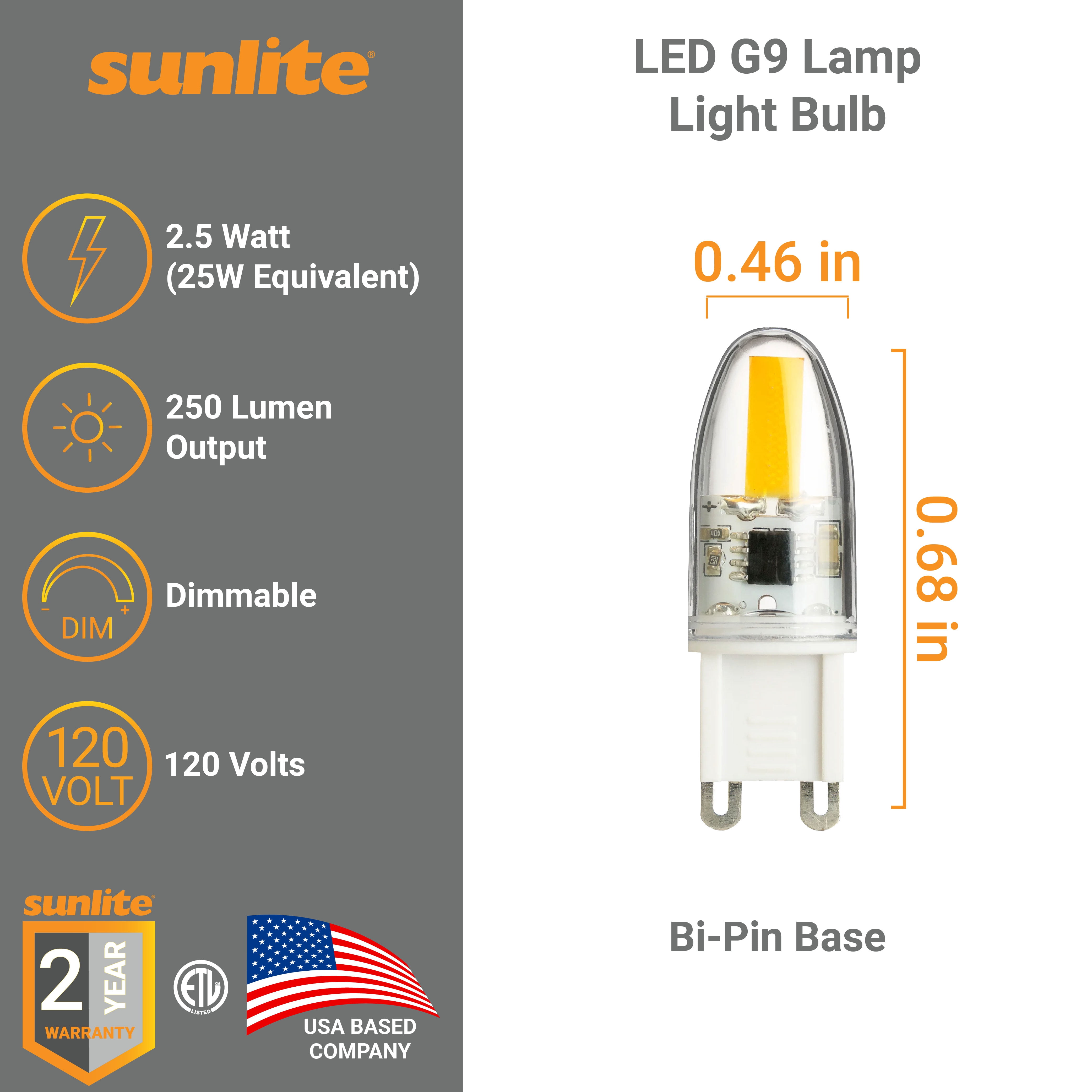 Sunlite LED G9 Lamp Light Bulb, 2.5 Watts (25W Equiv), 250 Lumens, Bi-Pin Base, Dimmable, Clear, ETL Listed, RoHS Comp, 3000K Warm White, 6 Pack