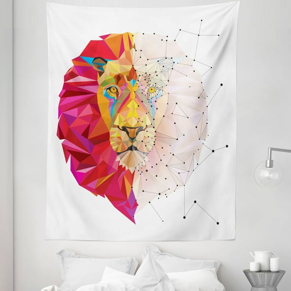 Geometric Tapestry, Lion Head Art Geometric Graphic in Digital Triangle Rainbow Retro Style, Fabric Wall Hanging Decor for Bedroom Living Room Dorm, 5 Sizes, White Pink Orange, by Ambesonne