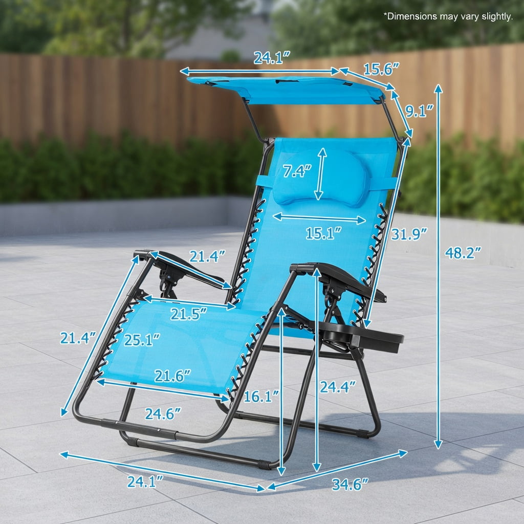 Hommoo Folding Recliner Lounge Chair with Adjustable Sun Shade Canopy, Removable Cup Holder & Headrest, Steel Frame, Turquoise