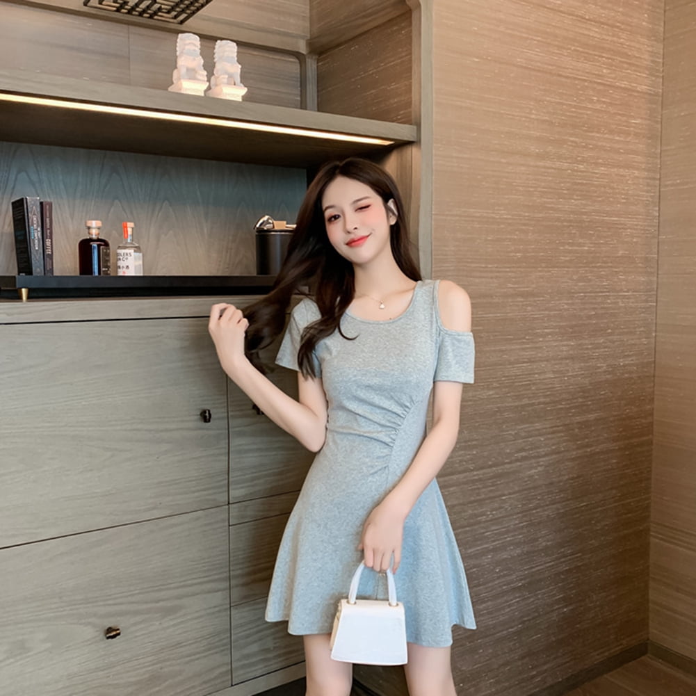 Women High Waist Dress Fashion Short Sleeves Waist in A line Skirt Sweet Solid Color Short Dress Walmart