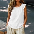 thumbnail image 3 of Women's Cotton Linen Ruffle Sleeve Tank Tops Summer Casual Round Neck Sleeveless Blouse (L,White), 3 of 9