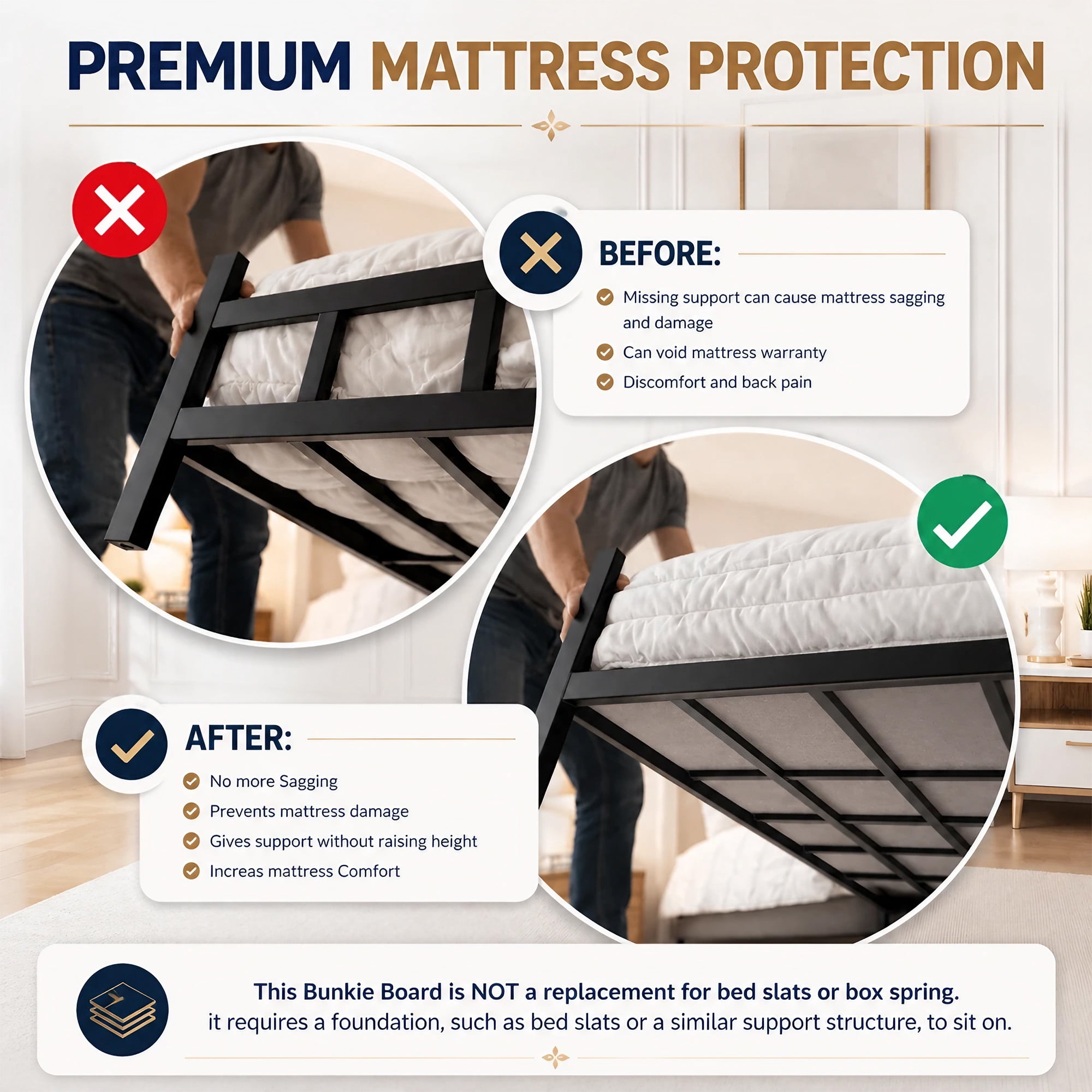 Continental Sleep, 15mm Bunkie Board King 76x80, Heavy Duty Under Mattress Support, Low Profile Bed Support Board for Slatted bed frame, No Box Spring Needed, Noise Free, Non-Slip
