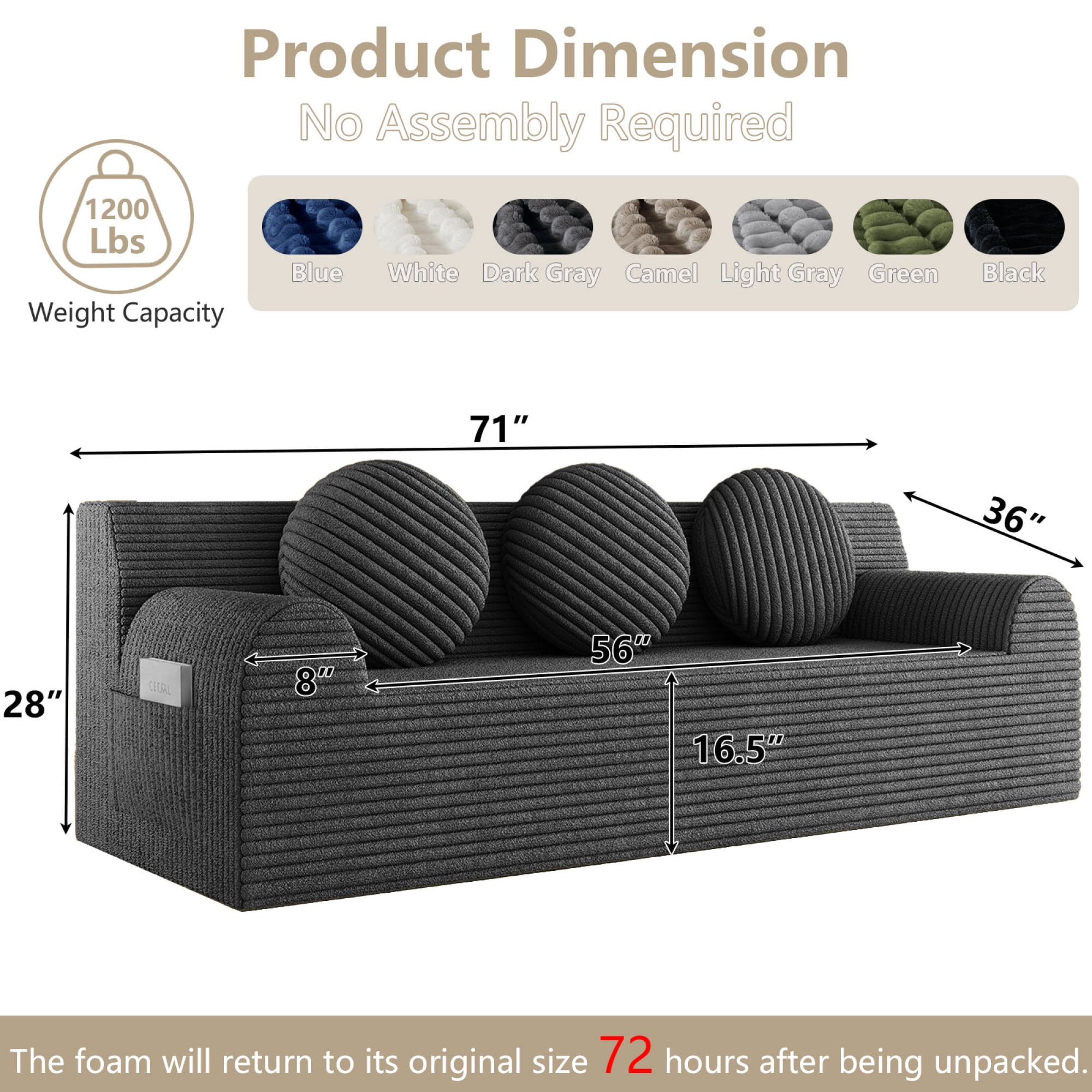 Leumius 3 Setaser Sofa,71" Corduroy Fabric Upholstered Loveseat Couch with Deep Seat for Living room,Bedroom,Apartment,No Assembly Required,Dark Gray