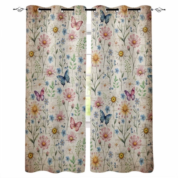 Pink Spring Floral Blackout Curtains for Bedroom/Living Room, Thermal Insulated Kitchen Curtains, Elegant Pastoral Flowers Butterflies Vintage Grommet Darkening Window Treatment Drapes 52"x72"x2