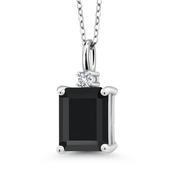 Gem Stone King 925 Silver Black Onyx and White Created Sapphire Pendant Necklace for Women (3.17 Cttw, Gemstone December Birthstone, Emerald Cut 10X8MM with 18 inch Silver Chain)