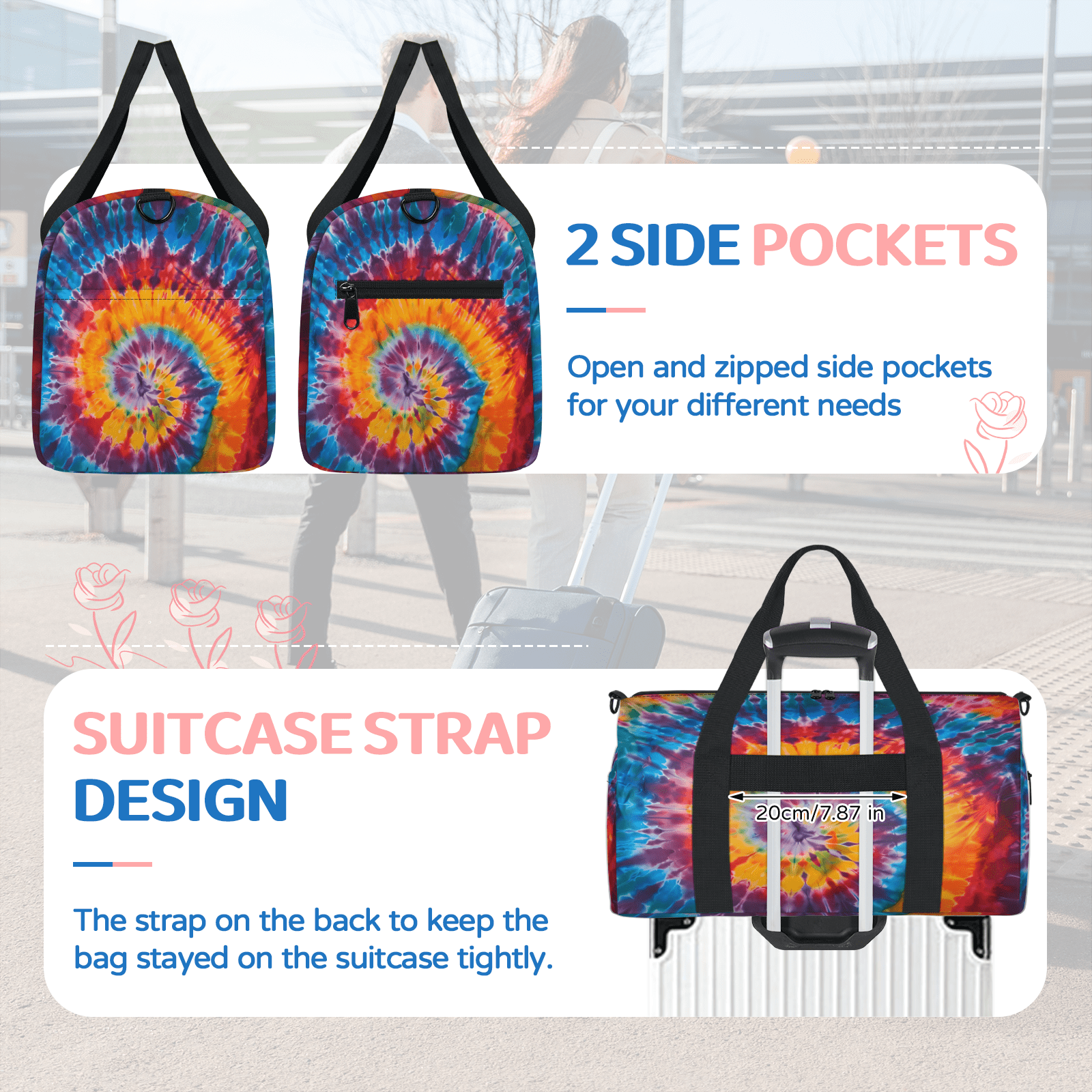 Herdesigns Colorful Tie Dye Rainbow Spiral Gym Bag for Women, Duffle Bag for Travel Sport, Lightweight Waterproof Carry on Weekender Overnight Dance Yoga Workout Bags