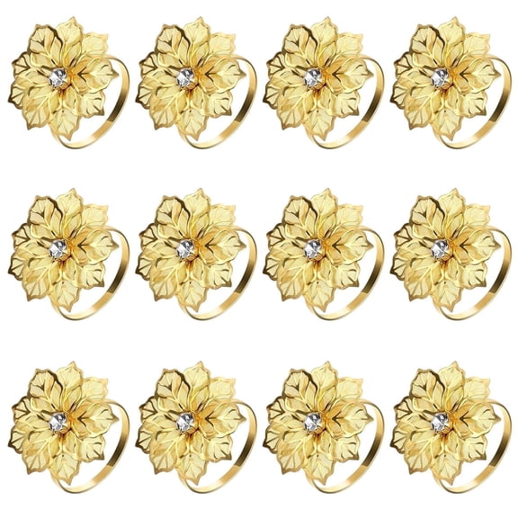 Flower Napkin Rings - Hollow-Out Metal Serviette Holders for Wedding,Easter,and Formal Dining,Gold,12 Pcs