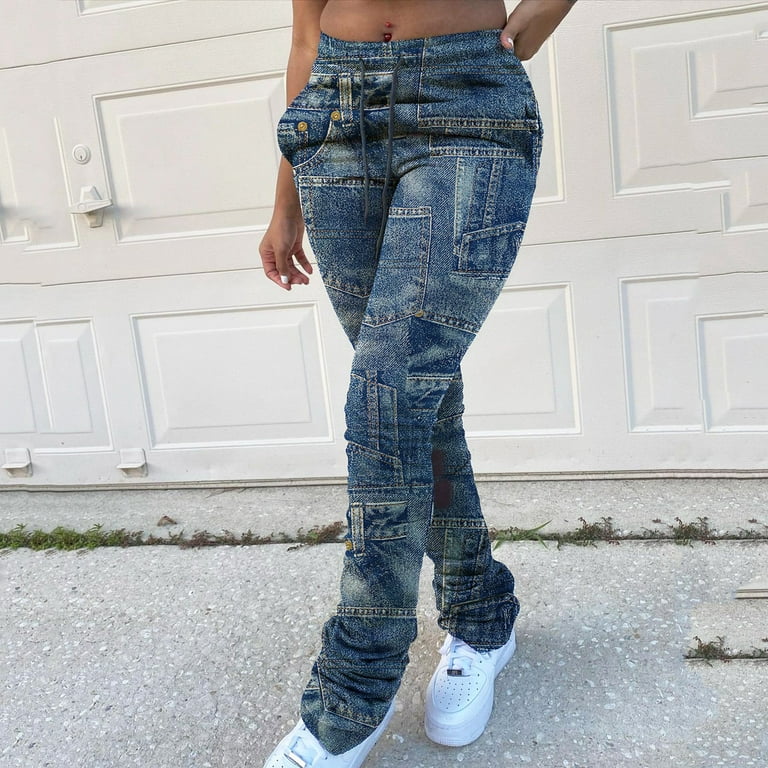 YWDJ Pants for Women Trendy Women Fashion Casual Jeans Print Trousers Strap  Long Pocket Pant Dark Blue XS 