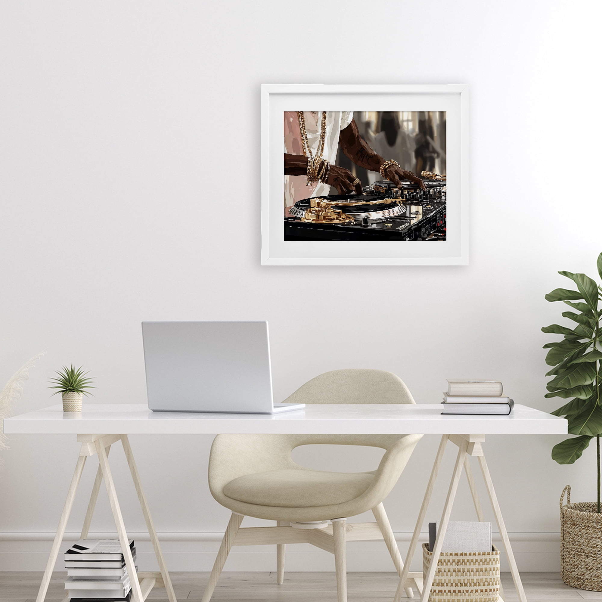 Stupell Industries Golden Sound DJ Turntables White Framed Print Under Glass, design by Franklyn Gregory