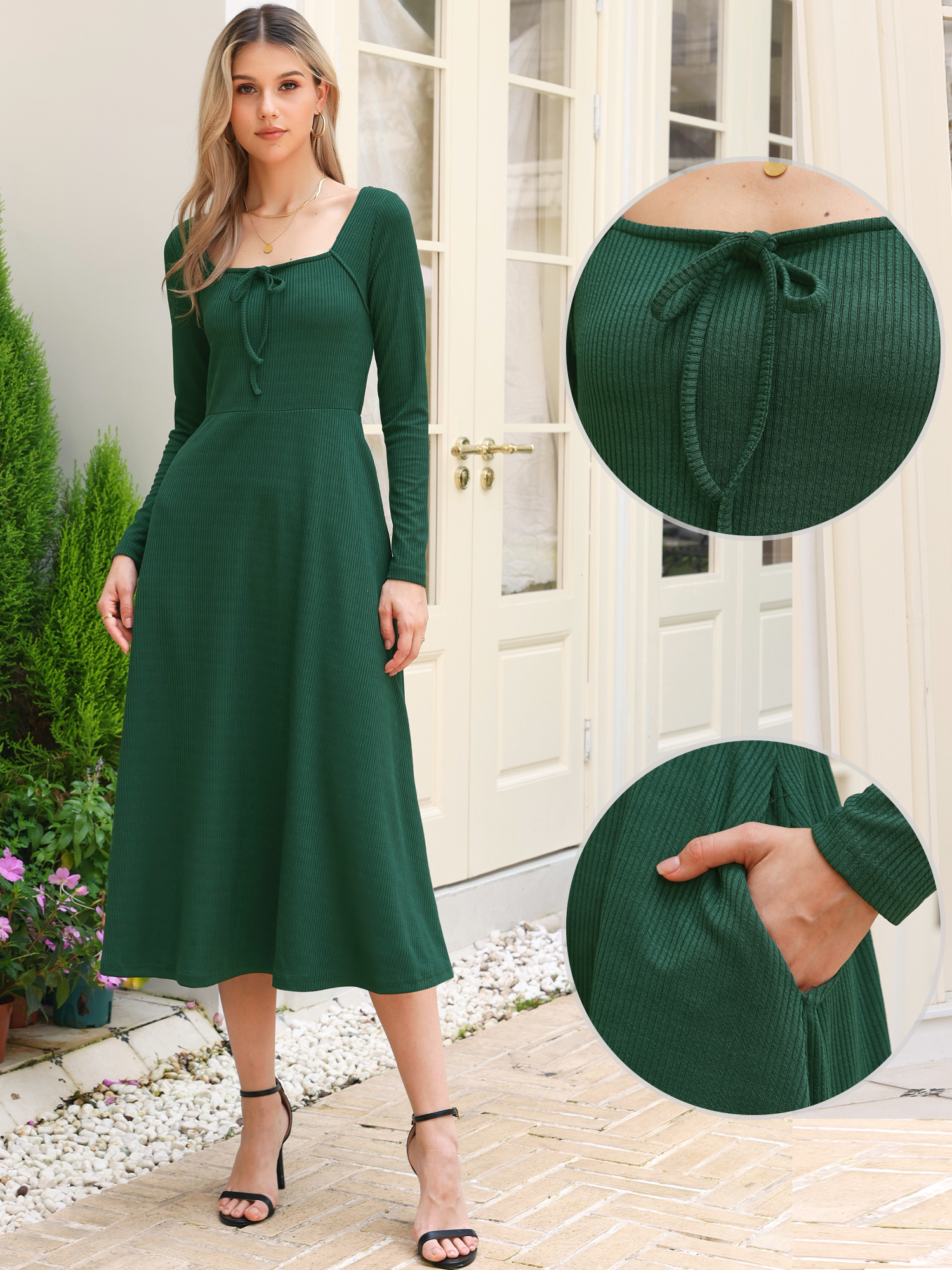 DARING DIVA Fall Casual A-Line Midi Tie Front Dress L Dark Green